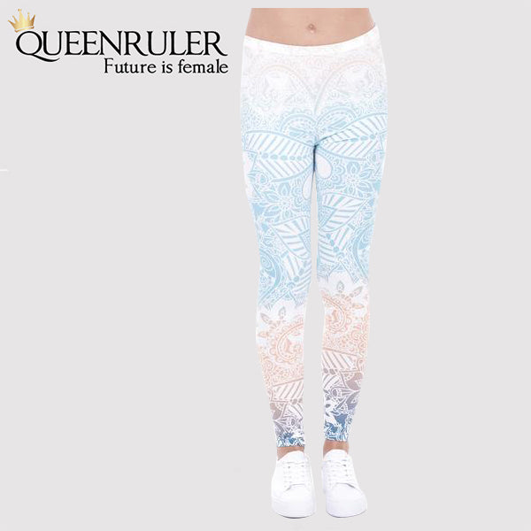 High Waist Floral Leggings (Sky-Blue) - Queenruler