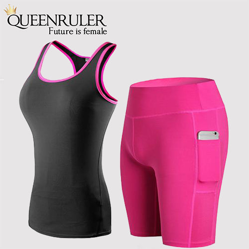 Sleeveless Shirt and Shorts New Quick Dry Yoga Sets (Black Rose) | Queenruler