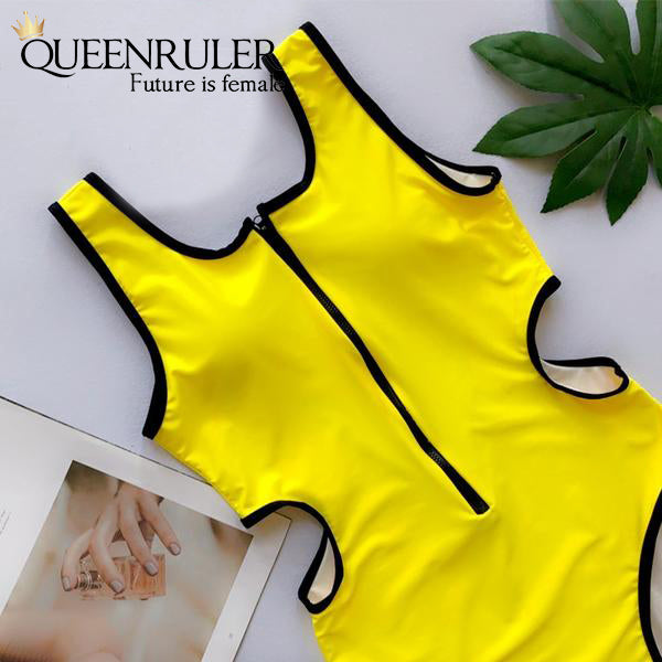 Hollow Out Waist One-piece Swimsuit (Yellow) - Queenruler