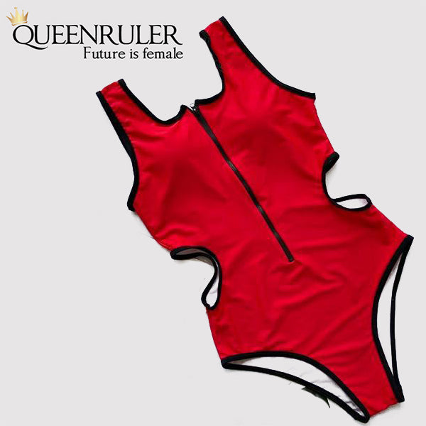 Hollow Out Waist One-piece Swimsuit (Red) - Queenruler