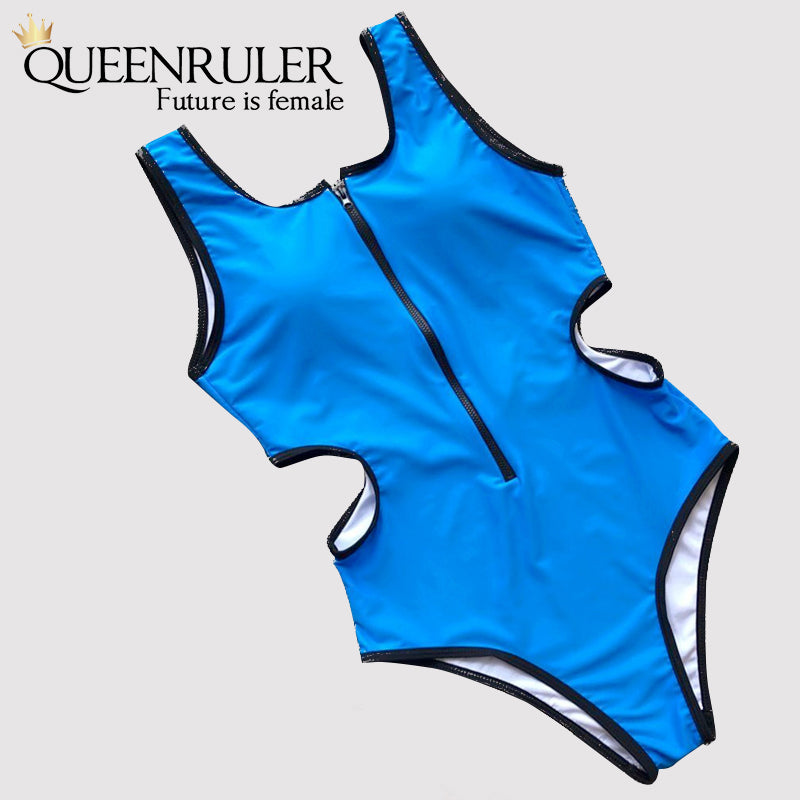 Hollow Out Waist One-piece Swimsuit (Blue) - Queenruler