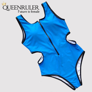 Hollow Out Waist One-piece Swimsuit (Blue) - Queenruler
