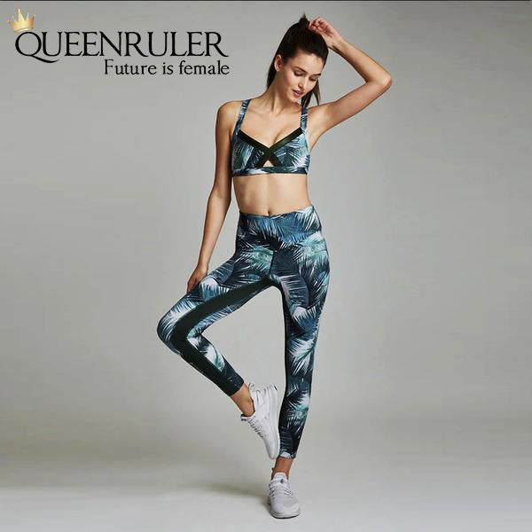 Leaves Print Sport Leggings (Green) - Queenruler