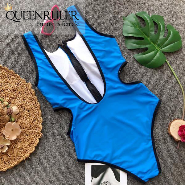 Hollow Out Waist One-piece Swimsuit (Blue) - Queenruler