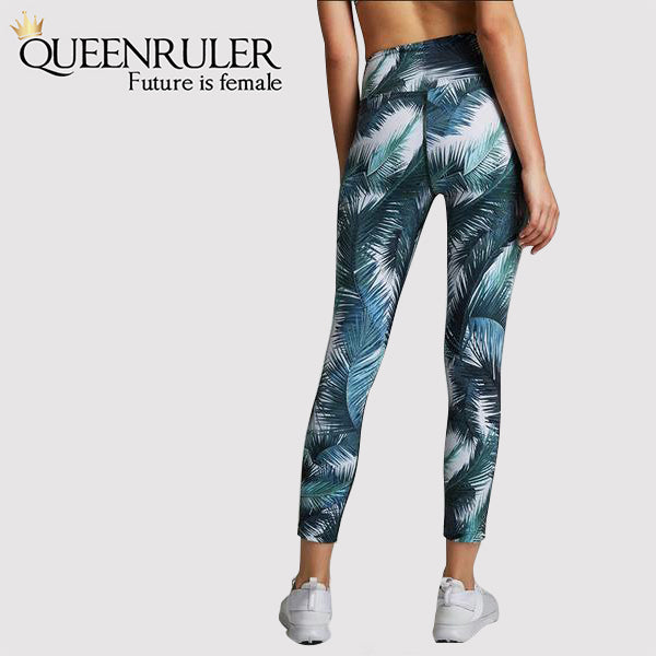 Leaves Print Sport Leggings (Green) - Queenruler