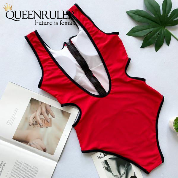 Hollow Out Waist One-piece Swimsuit (Red) - Queenruler