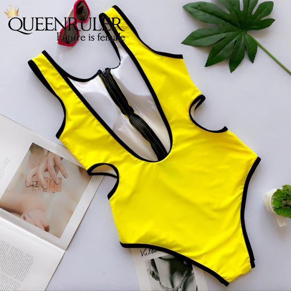 Hollow Out Waist One-piece Swimsuit (Yellow) - Queenruler