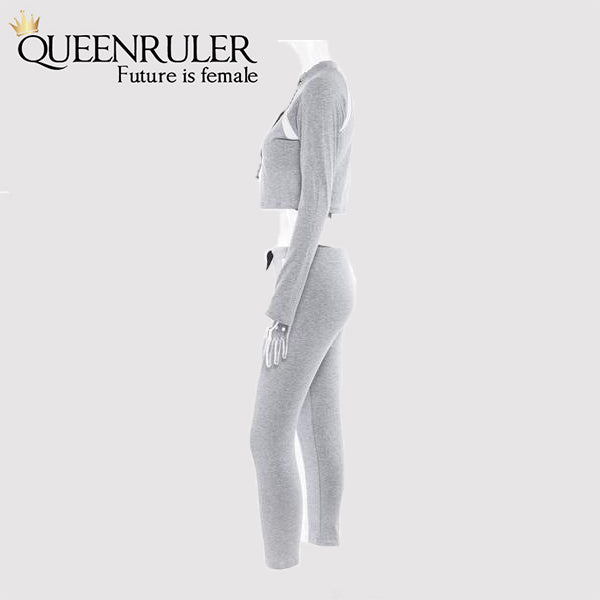 2 Piece Long Sleeve Athletic Set (Gray) - Queenruler