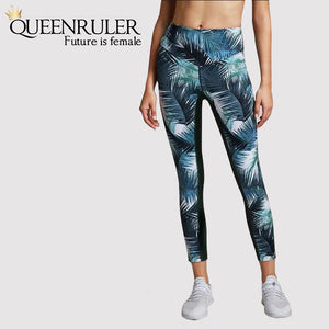 Leaves Print Sport Leggings (Green) - Queenruler