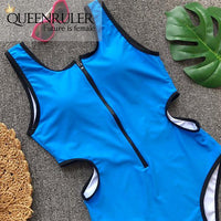 Hollow Out Waist One-piece Swimsuit (Blue) - Queenruler