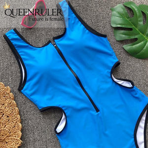 Hollow Out Waist One-piece Swimsuit (Blue) - Queenruler