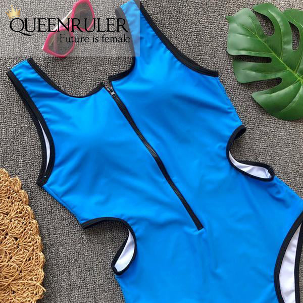 Hollow Out Waist One-piece Swimsuit (Blue) - Queenruler