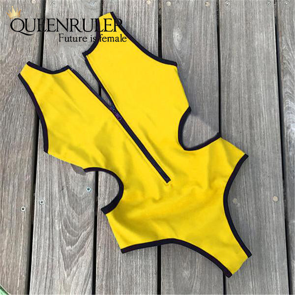 Hollow Out Waist One-piece Swimsuit (Yellow) - Queenruler