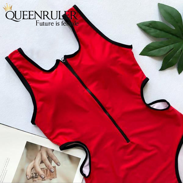 Hollow Out Waist One-piece Swimsuit (Red) - Queenruler