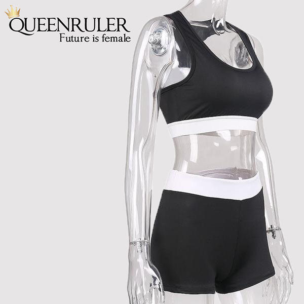 Womens Running Shorts And Vest Set (Black) - Queenruler