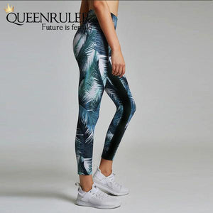 Leaves Print Sport Leggings (Green) - Queenruler
