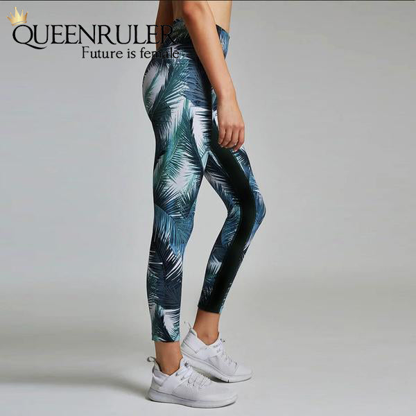Leaves Print Sport Leggings (Green) - Queenruler