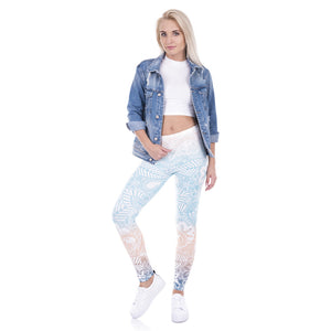 High Waist Floral Leggings (Sky-Blue) - Queenruler