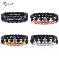 Rinhoo 2pcs/sets Natural Stone Bracelet Beads Bangles Polish CZ 8mm Disco Ball Charms Beaded Bracelets For Women Men Jewelry