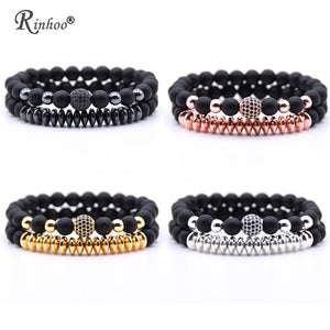 Rinhoo 2pcs/sets Natural Stone Bracelet Beads Bangles Polish CZ 8mm Disco Ball Charms Beaded Bracelets For Women Men Jewelry