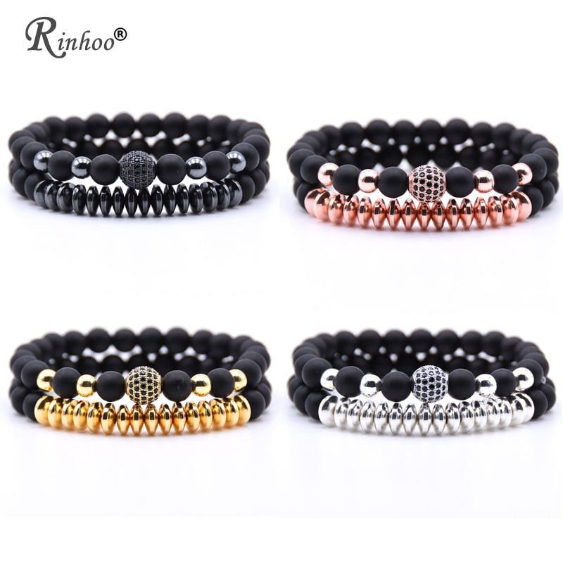 Rinhoo 2pcs/sets Natural Stone Bracelet Beads Bangles Polish CZ 8mm Disco Ball Charms Beaded Bracelets For Women Men Jewelry