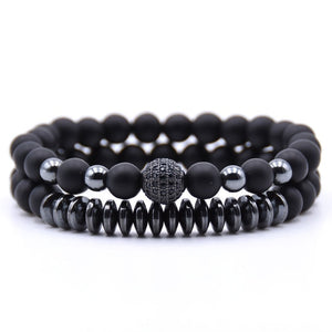 Rinhoo 2pcs/sets Natural Stone Bracelet Beads Bangles Polish CZ 8mm Disco Ball Charms Beaded Bracelets For Women Men Jewelry
