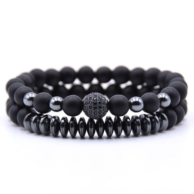 Rinhoo 2pcs/sets Natural Stone Bracelet Beads Bangles Polish CZ 8mm Disco Ball Charms Beaded Bracelets For Women Men Jewelry