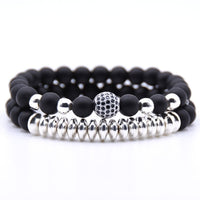 Rinhoo 2pcs/sets Natural Stone Bracelet Beads Bangles Polish CZ 8mm Disco Ball Charms Beaded Bracelets For Women Men Jewelry