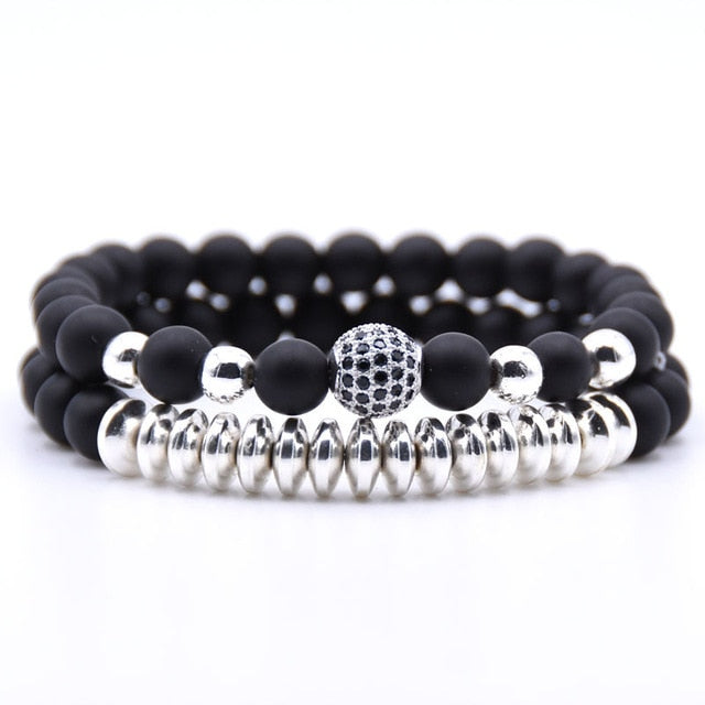 Rinhoo 2pcs/sets Natural Stone Bracelet Beads Bangles Polish CZ 8mm Disco Ball Charms Beaded Bracelets For Women Men Jewelry