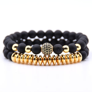 Rinhoo 2pcs/sets Natural Stone Bracelet Beads Bangles Polish CZ 8mm Disco Ball Charms Beaded Bracelets For Women Men Jewelry