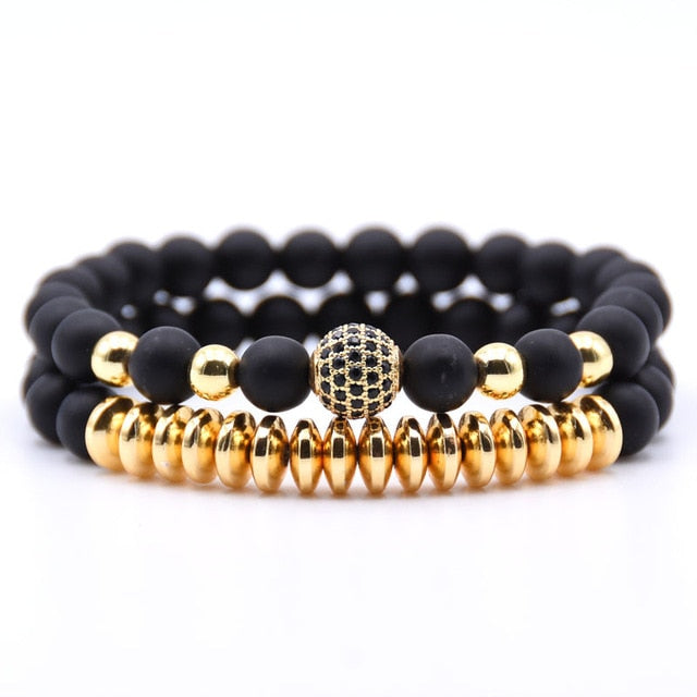 Rinhoo 2pcs/sets Natural Stone Bracelet Beads Bangles Polish CZ 8mm Disco Ball Charms Beaded Bracelets For Women Men Jewelry