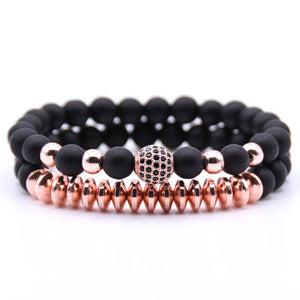 Rinhoo 2pcs/sets Natural Stone Bracelet Beads Bangles Polish CZ 8mm Disco Ball Charms Beaded Bracelets For Women Men Jewelry